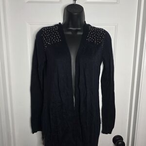 Open-Front Navy Cardigan with Studded Shoulder Detail